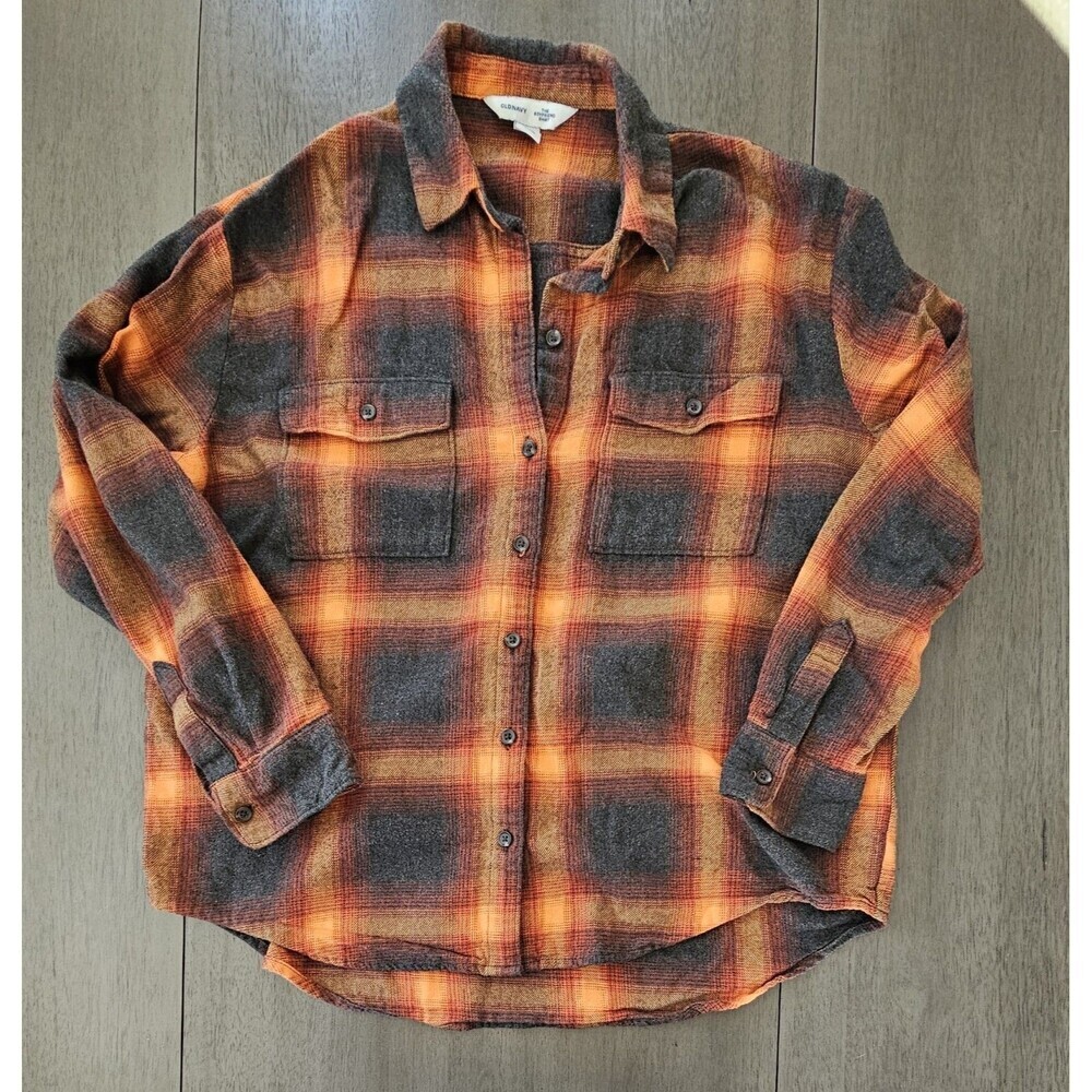 Old Navy Evermore Flannel Boyfriend Shirt Orange Plaid Womens Med Swifties